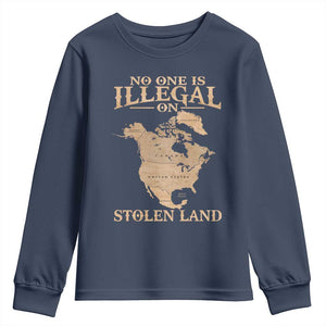 No One Is Illegal On Stolen Land Youth Sweatshirt North America Vintage Map TS11 Navy Print Your Wear