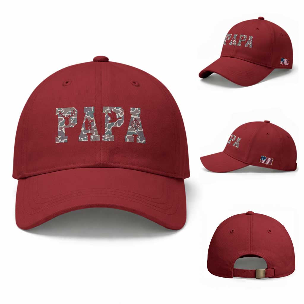 Funny Papa Hunting Baseball Cap Deer Hunter Father's Day Camouflage Flag TS11 Baseball Cap Universal Fit Cherry Red Print Your Wear
