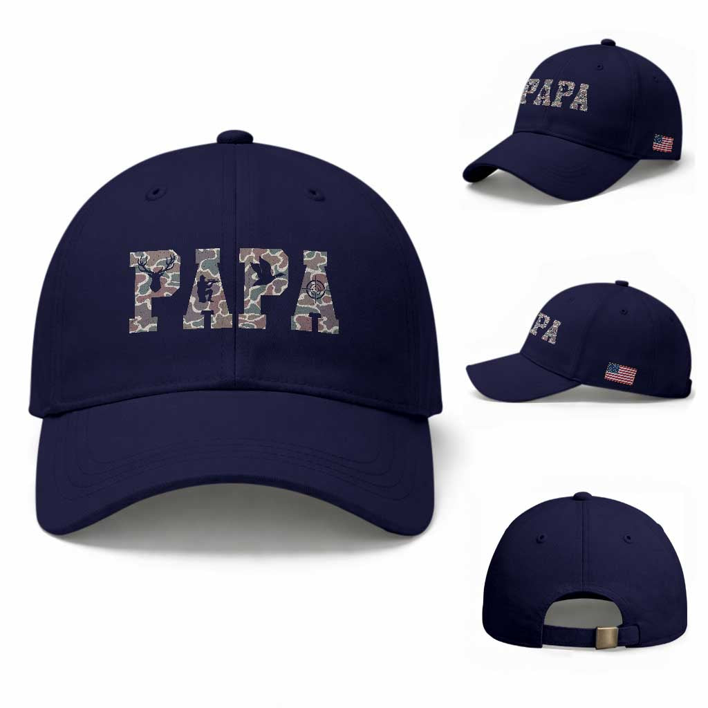 Funny Papa Hunting Baseball Cap Deer Hunter Father's Day Camouflage Flag TS11 Baseball Cap Universal Fit Dark Blue Print Your Wear