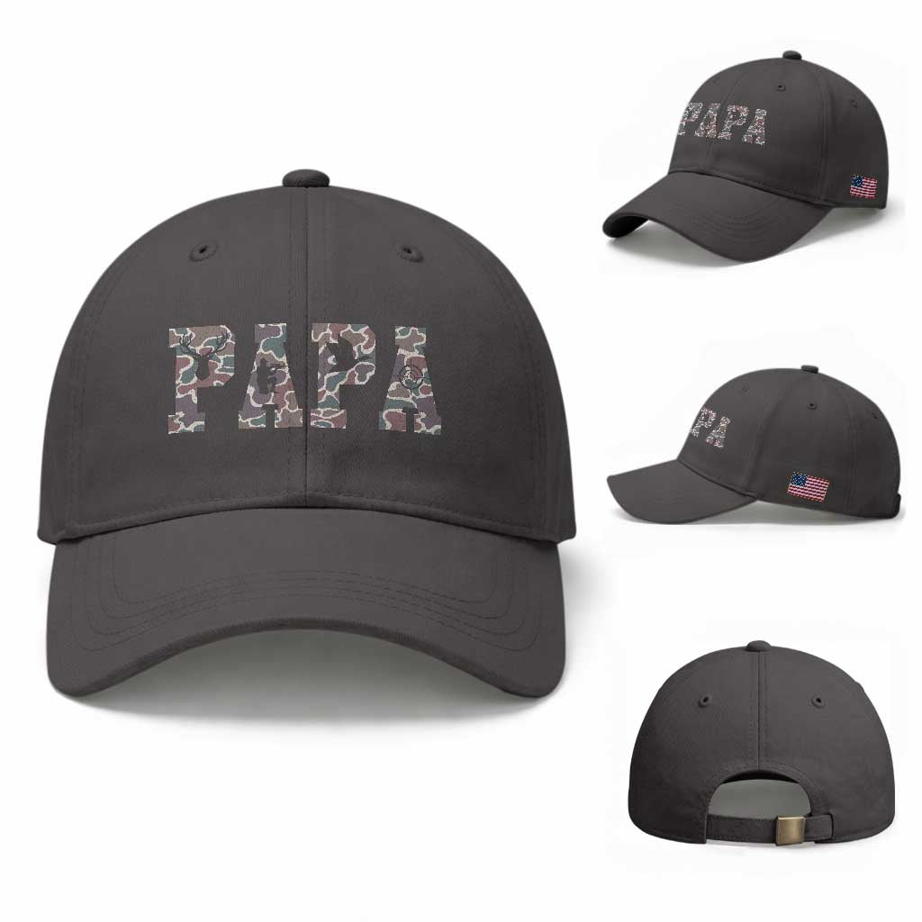 Funny Papa Hunting Baseball Cap Deer Hunter Father's Day Camouflage Flag TS11 Baseball Cap Universal Fit Dark Gray Print Your Wear