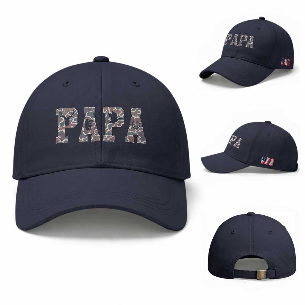 Funny Papa Hunting Baseball Cap Deer Hunter Father's Day Camouflage Flag TS11 Baseball Cap Universal Fit Navy Print Your Wear
