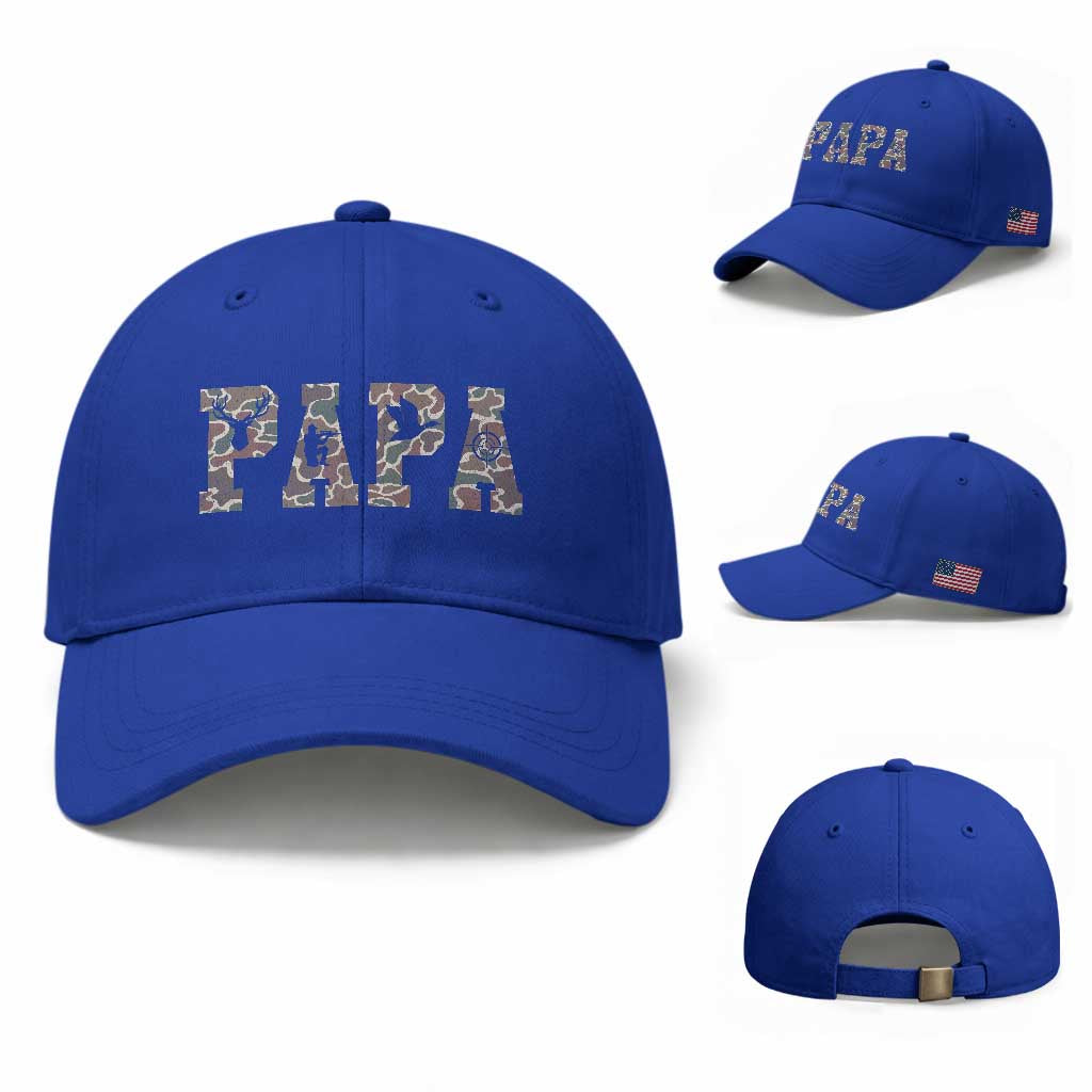 Funny Papa Hunting Baseball Cap Deer Hunter Father's Day Camouflage Flag TS11 Baseball Cap Universal Fit Royal Blue Print Your Wear