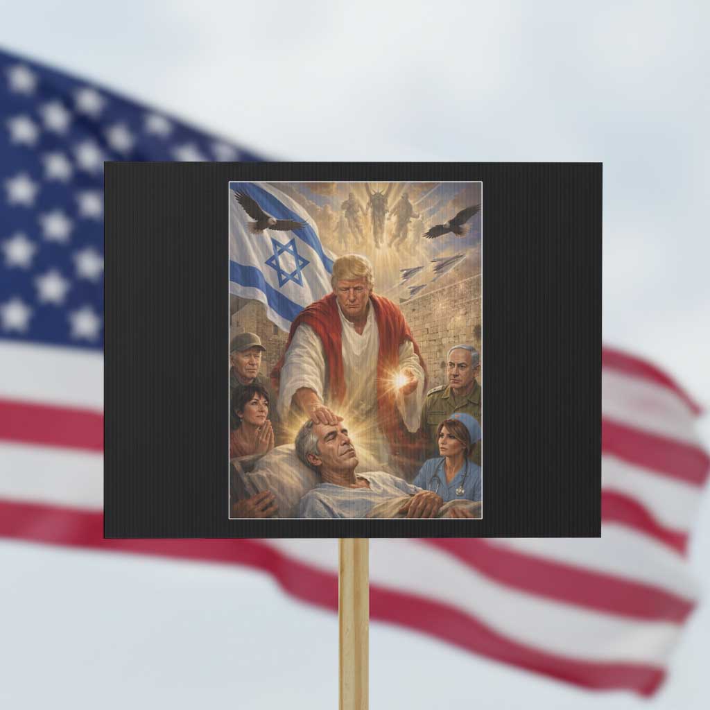 Trump as Jesus Protest Sign Divine Leader Meme Healing Scene Israel Flag TS11 Horizontal 18