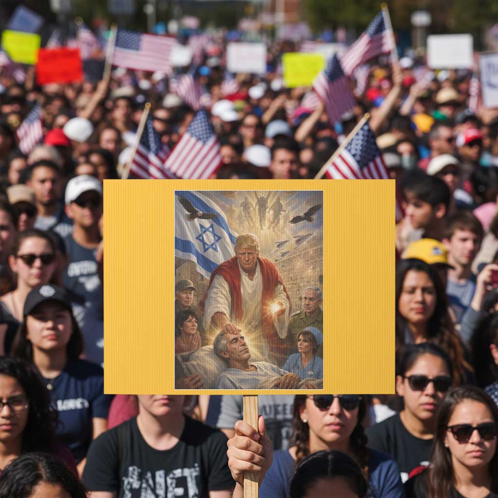 Trump as Jesus Protest Sign Divine Leader Meme Healing Scene Israel Flag TS11 Horizontal 18