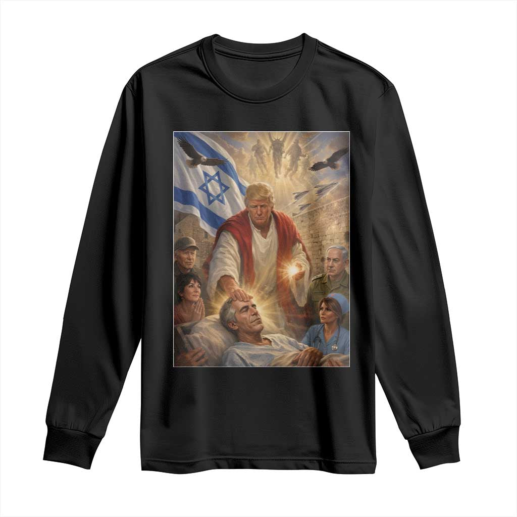 Trump as Jesus Long Sleeve Shirt Divine Leader Meme Healing Scene Israel Flag TS11 Black Print Your Wear