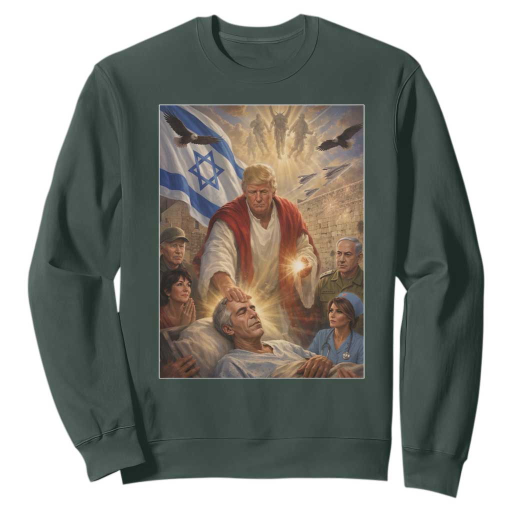 Trump as Jesus Sweatshirt Divine Leader Meme Healing Scene Israel Flag TS11 Dark Forest Green Print Your Wear