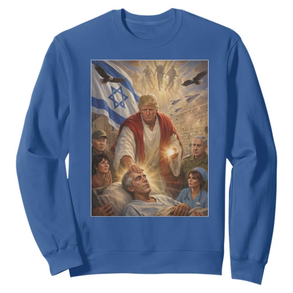 Trump as Jesus Sweatshirt Divine Leader Meme Healing Scene Israel Flag TS11 Royal Blue Print Your Wear