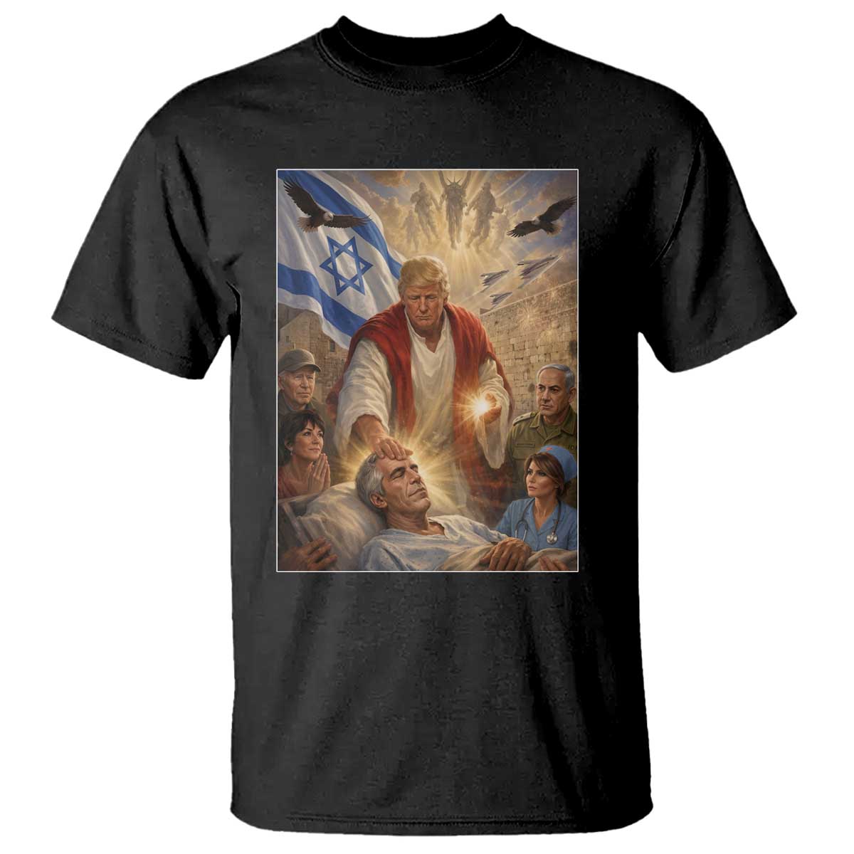 Trump as Jesus T Shirt Divine Leader Meme Healing Scene Israel Flag TS11 Black Print Your Wear