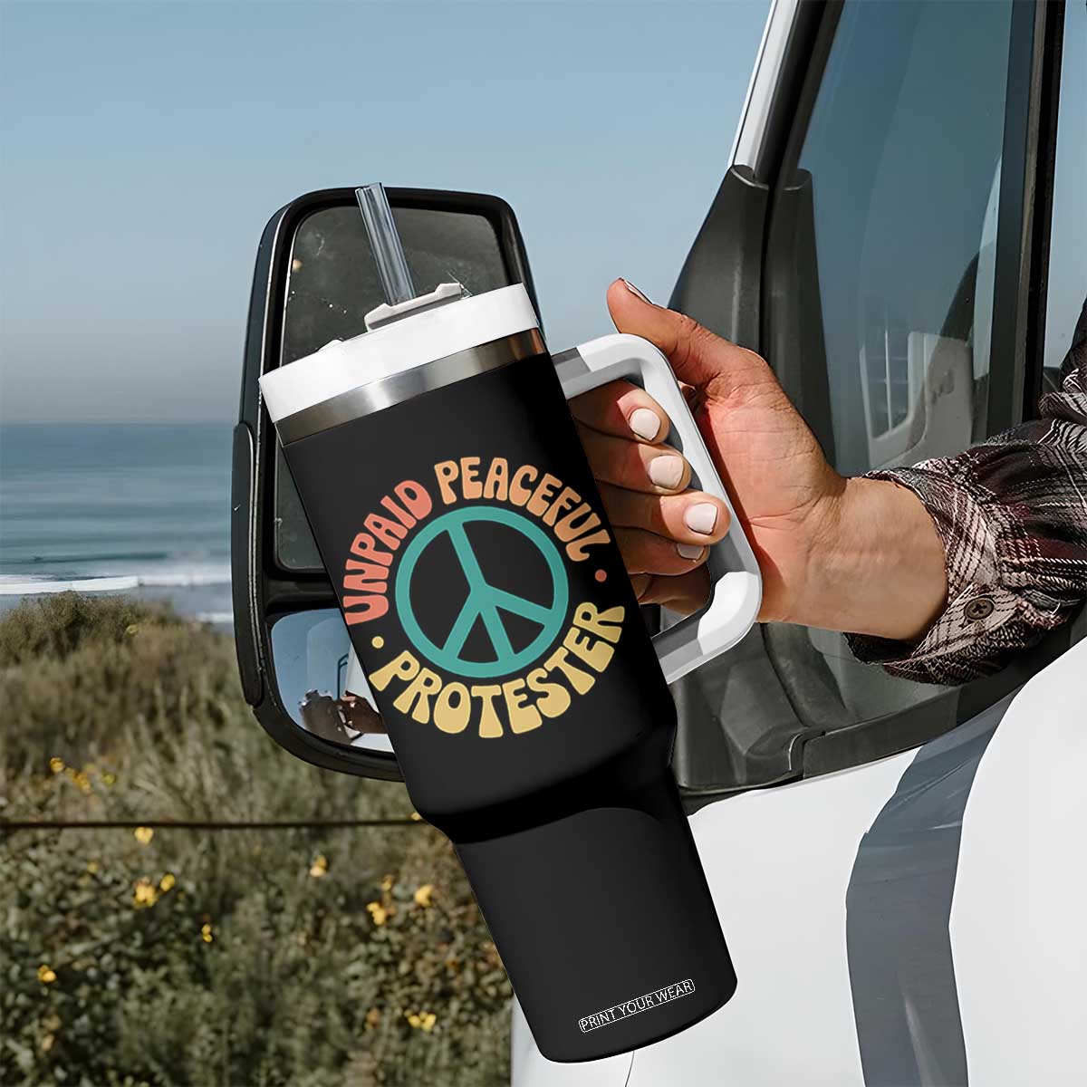 Unpaid Peaceful Protester Tumbler With Handle Social Justice Floral Peace Sign TS11 Print Your Wear