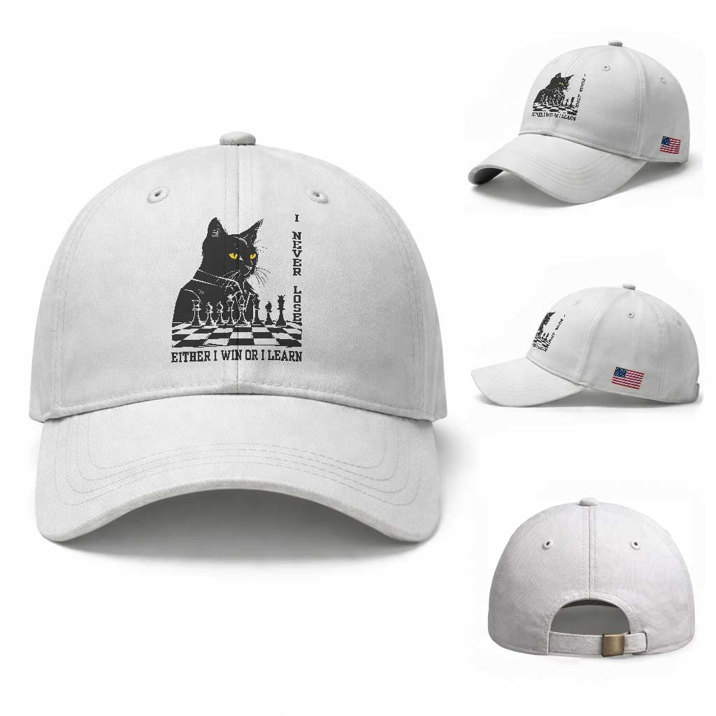 Chess Lover Baseball Cap I Never Lose Either I Win Or I Learn Elegant Cool Cat TS11 Baseball Cap Universal Fit White Print Your Wear