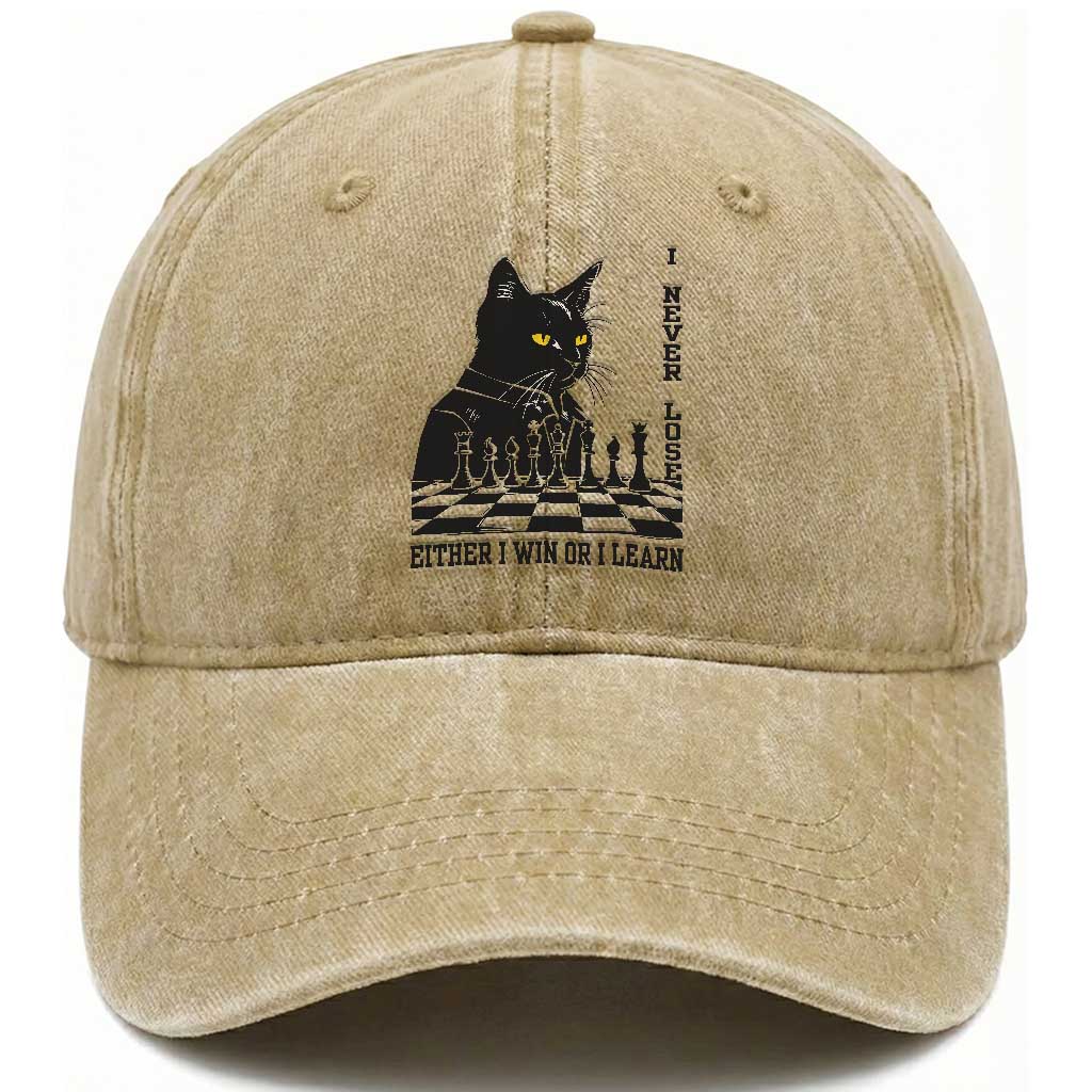 Chess Lover Washed Cotton Baseball Cap I Never Lose Either I Win Or I Learn Elegant Cool Cat TS11 Print Your Wear