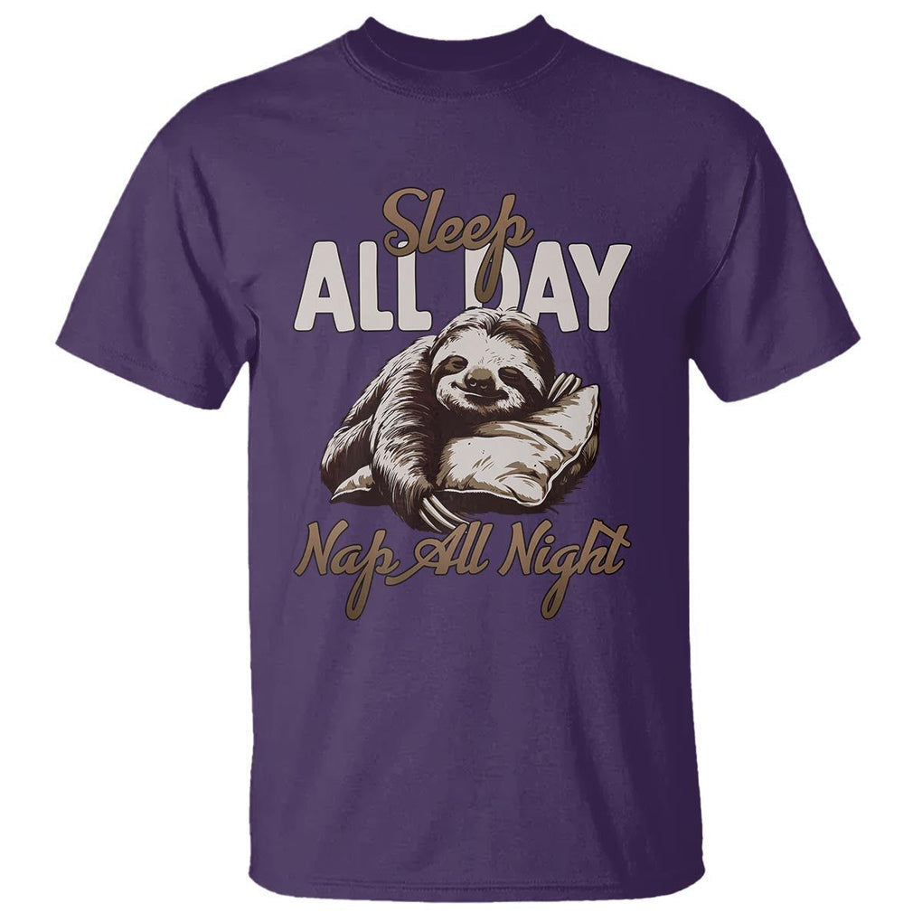 Funny Sloth T Shirt Sleep All Day Nap All Night Sleep Napping Cute TS11 Purple Print Your Wear