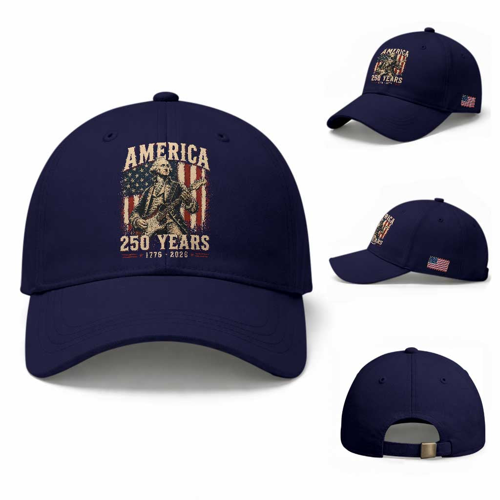 George Washington Playing Guitar 4th July US 250th Anniversary Baseball Cap TS11 Baseball Cap Universal Fit Dark Blue Print Your Wear