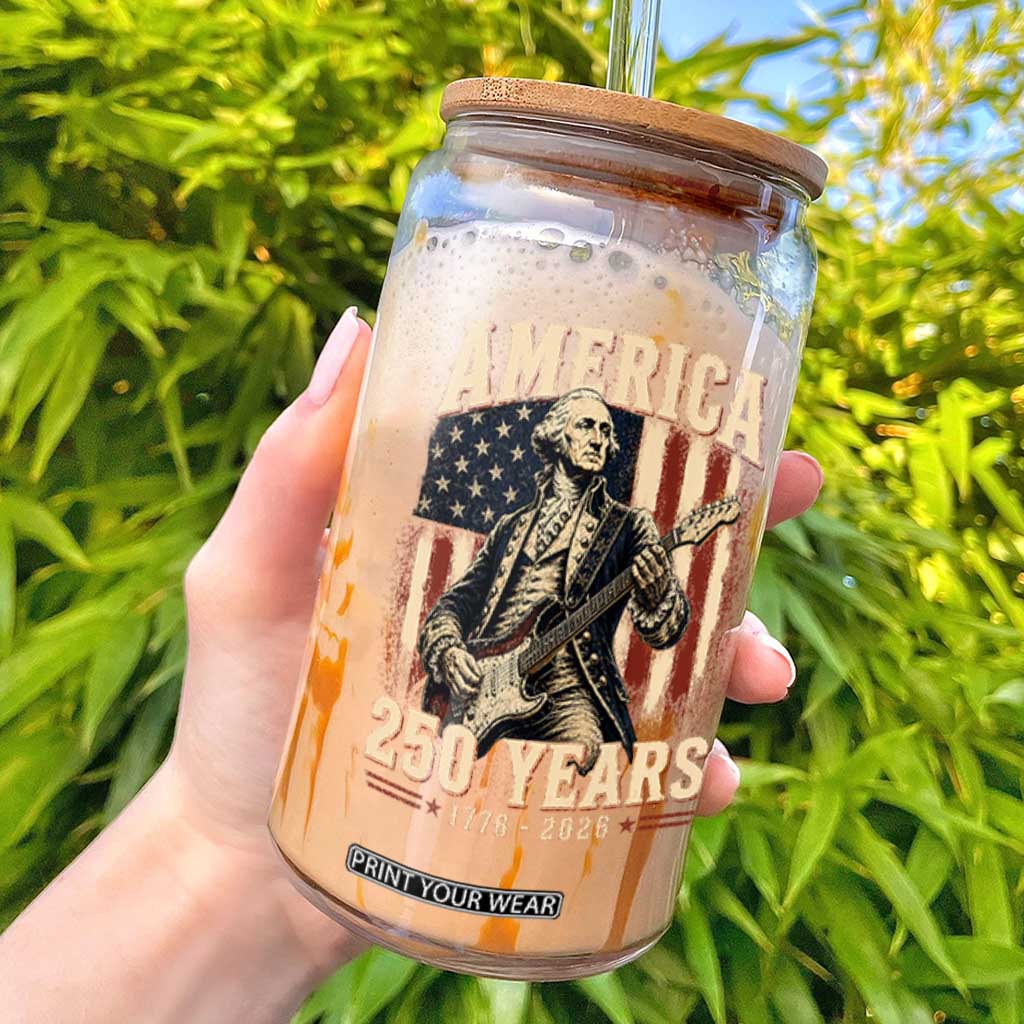 George Washington Playing Guitar 4th July US 250th Anniversary Glass Can TS11 Black Print Your Wear