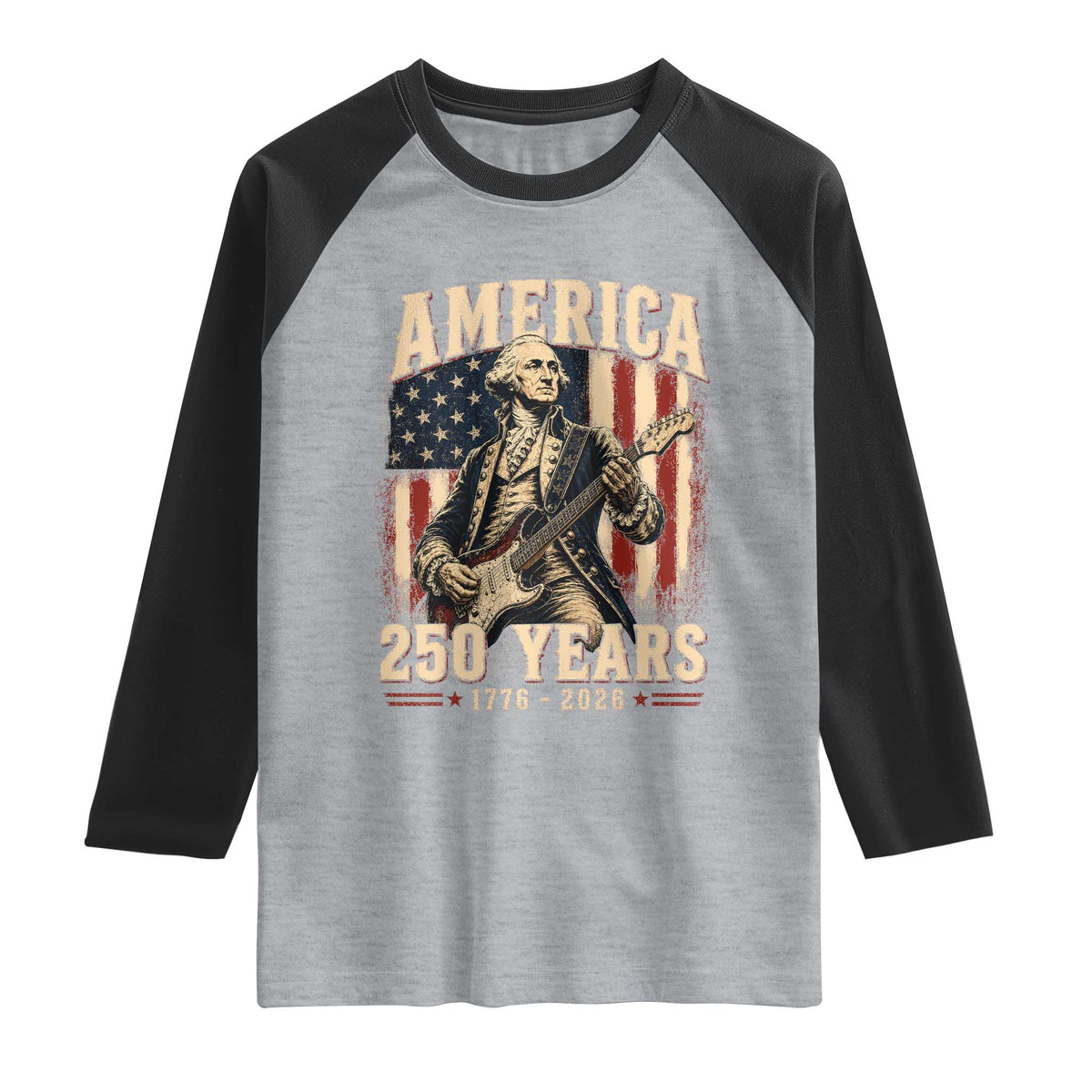 George Washington Playing Guitar 4th July US 250th Anniversary Raglan Shirt TS11 Heather Gray Black Print Your Wear