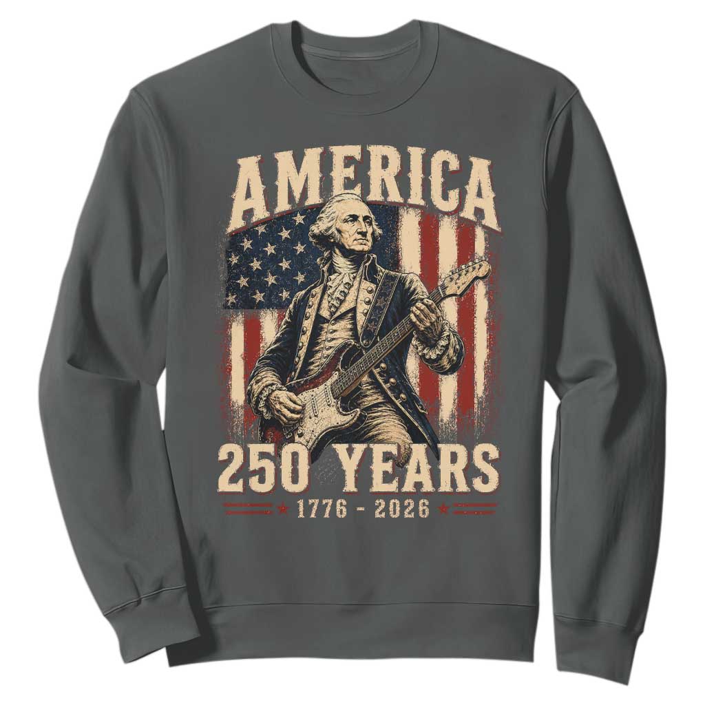 George Washington Playing Guitar 4th July US 250th Anniversary Sweatshirt TS11 Dark Heather Print Your Wear