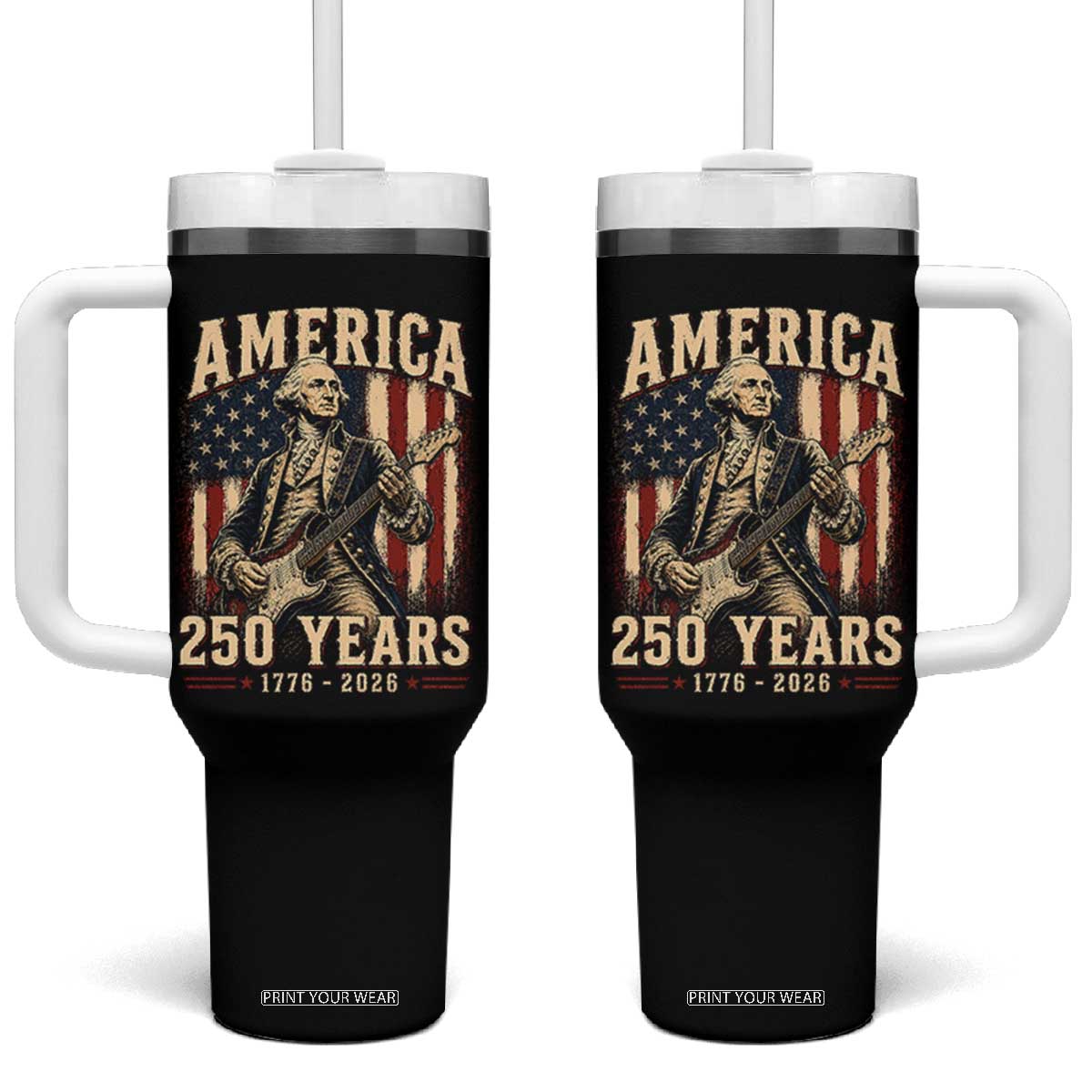 George Washington Playing Guitar 4th July US 250th Anniversary Tumbler With Handle TS11 One Size: 40 oz Black Print Your Wear