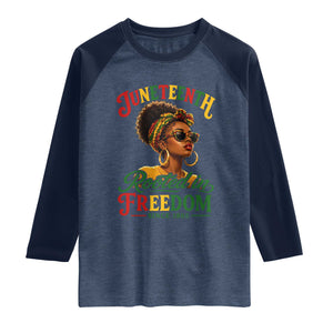 Juneteenth Rooted In Freedom Since 1865 Raglan Shirt Black Women African American TS11 Heather Denim Navy Print Your Wear