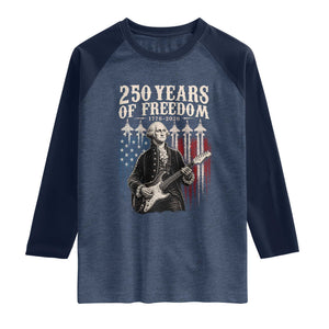 George Washington Playing Guitar 250 Years of Freedom Raglan Shirt TS11 Heather Denim Navy Print Your Wear