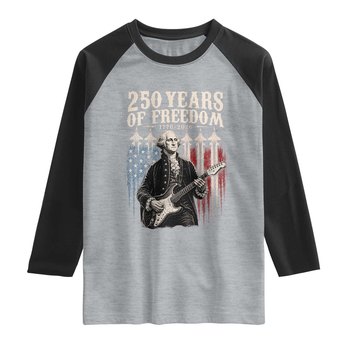 George Washington Playing Guitar 250 Years of Freedom Raglan Shirt TS11 Heather Gray Black Print Your Wear