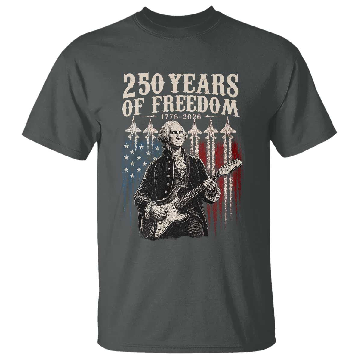 George Washington Playing Guitar 250 Years of Freedom T Shirt TS11 Dark Heather Print Your Wear