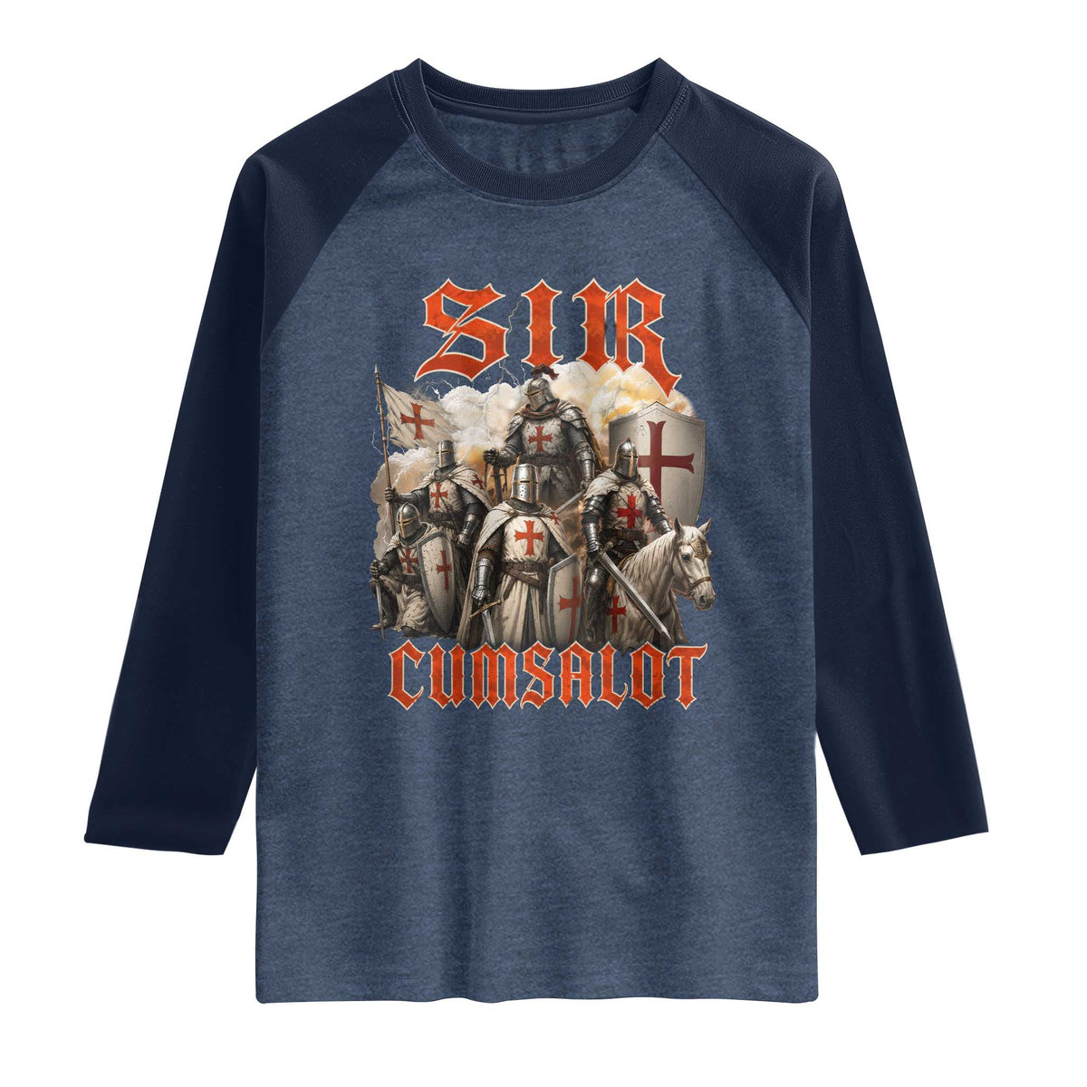 Sir Cumsalot Funny Offensive Knight Meme Bootleg Graphic Raglan Shirt TS11 Heather Denim Navy Print Your Wear