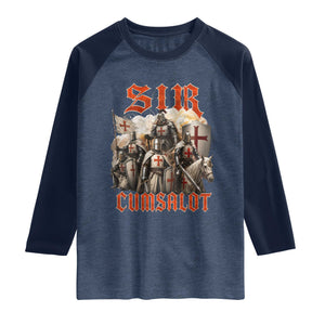 Sir Cumsalot Funny Offensive Knight Meme Bootleg Graphic Raglan Shirt TS11 Heather Denim Navy Print Your Wear