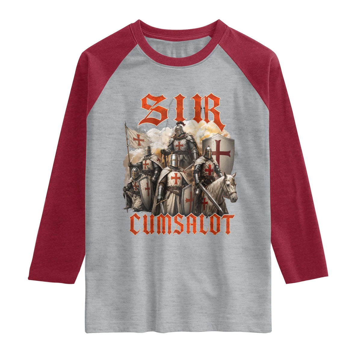 Sir Cumsalot Funny Offensive Knight Meme Bootleg Graphic Raglan Shirt TS11 Heather Gray Heather Red Print Your Wear