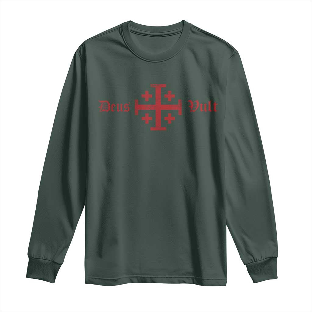 Deus Vult Catholic Knight Templar Crusader Cross Long Sleeve Shirt TS11 Dark Forest Green Print Your Wear