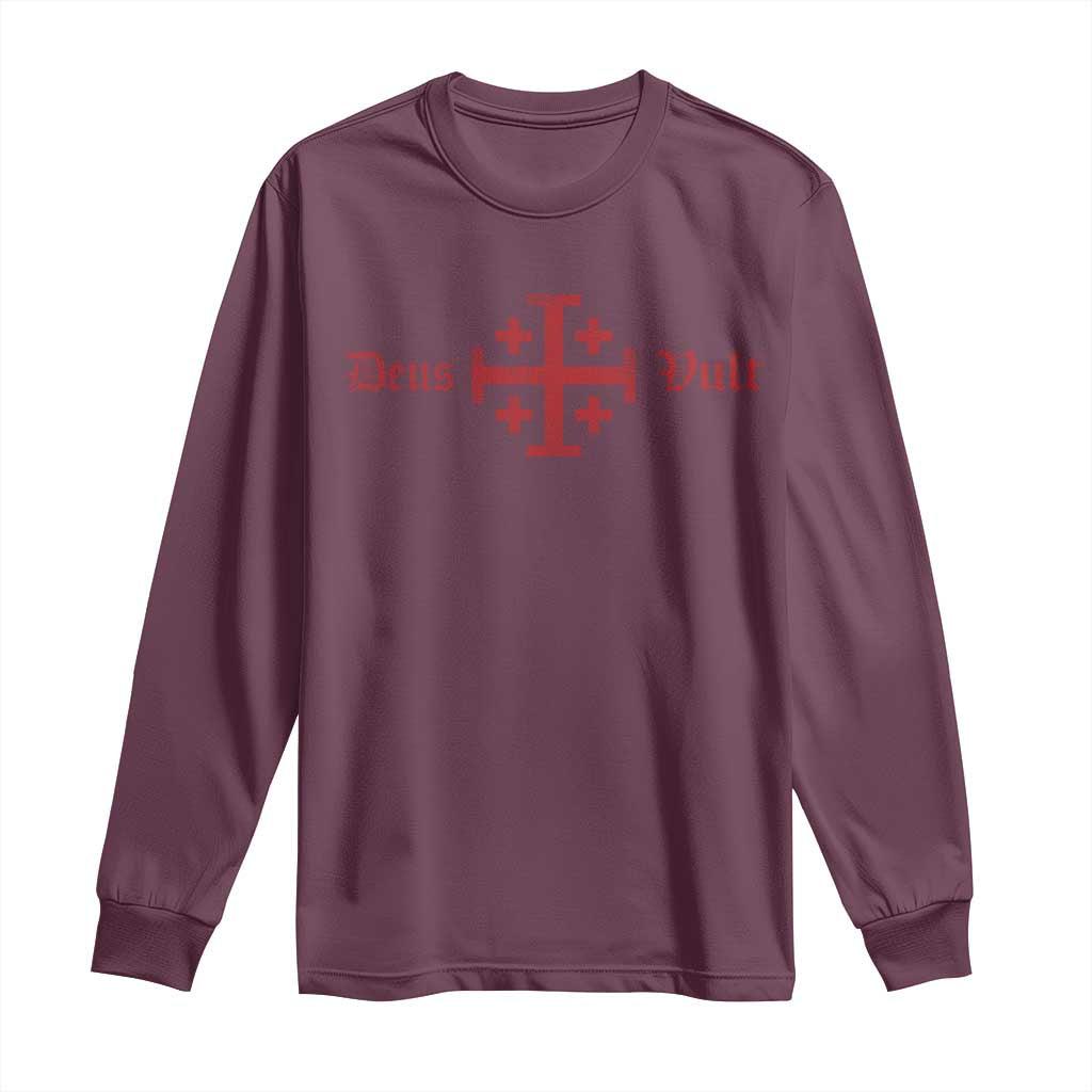 Deus Vult Catholic Knight Templar Crusader Cross Long Sleeve Shirt TS11 Maroon Print Your Wear