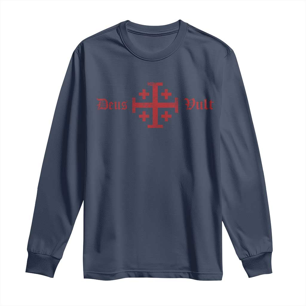Deus Vult Catholic Knight Templar Crusader Cross Long Sleeve Shirt TS11 Navy Print Your Wear