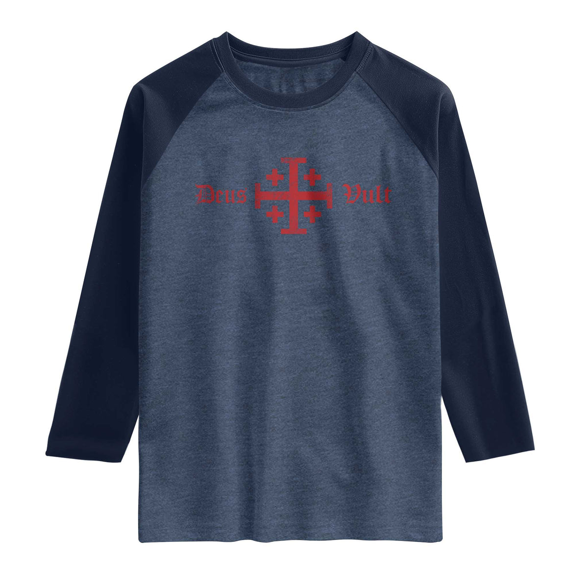 Deus Vult Catholic Knight Templar Crusader Cross Raglan Shirt TS11 Heather Denim Navy Print Your Wear