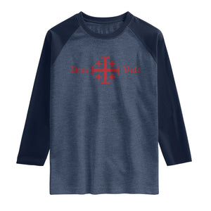 Deus Vult Catholic Knight Templar Crusader Cross Raglan Shirt TS11 Heather Denim Navy Print Your Wear