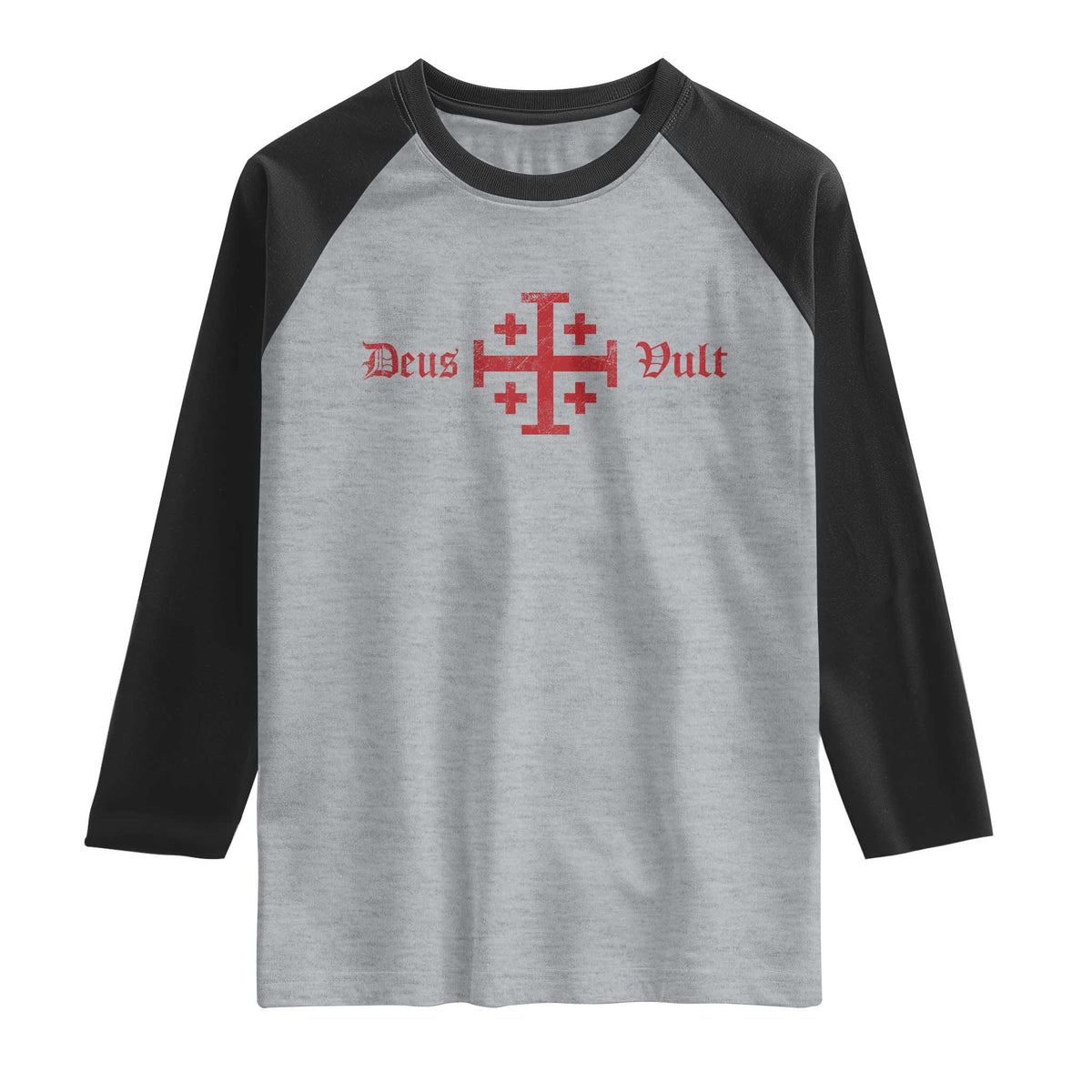 Deus Vult Catholic Knight Templar Crusader Cross Raglan Shirt TS11 Heather Gray Black Print Your Wear