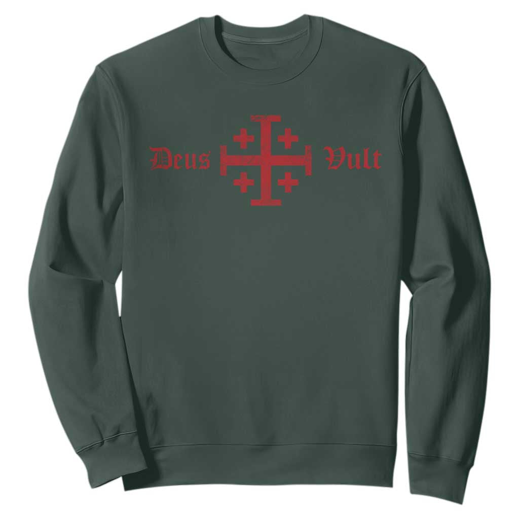 Deus Vult Catholic Knight Templar Crusader Cross Sweatshirt TS11 Dark Forest Green Print Your Wear