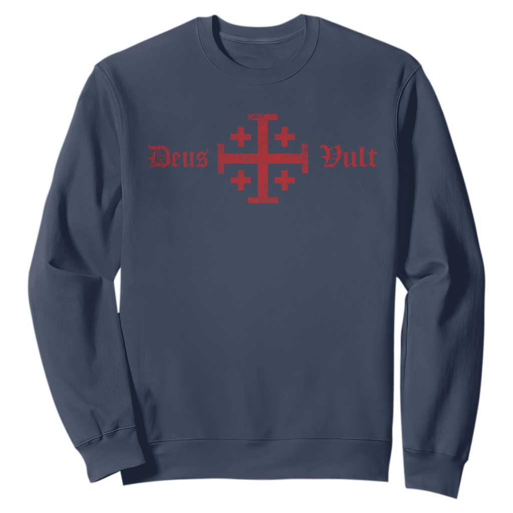 Deus Vult Catholic Knight Templar Crusader Cross Sweatshirt TS11 Navy Print Your Wear