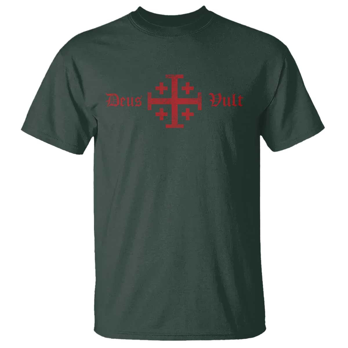 Deus Vult Catholic Knight Templar Crusader Cross T Shirt TS11 Dark Forest Green Print Your Wear