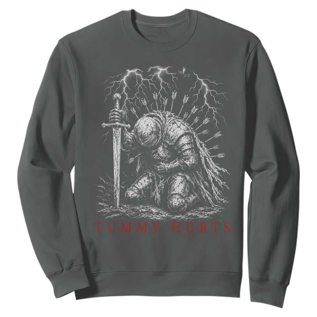 Tummy Hurts Funny Medieval Knight Dark Fantasy Humor Sweatshirt TS11 Dark Heather Print Your Wear