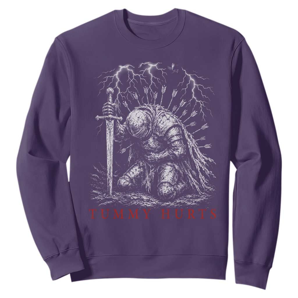 Tummy Hurts Funny Medieval Knight Dark Fantasy Humor Sweatshirt TS11 Purple Print Your Wear
