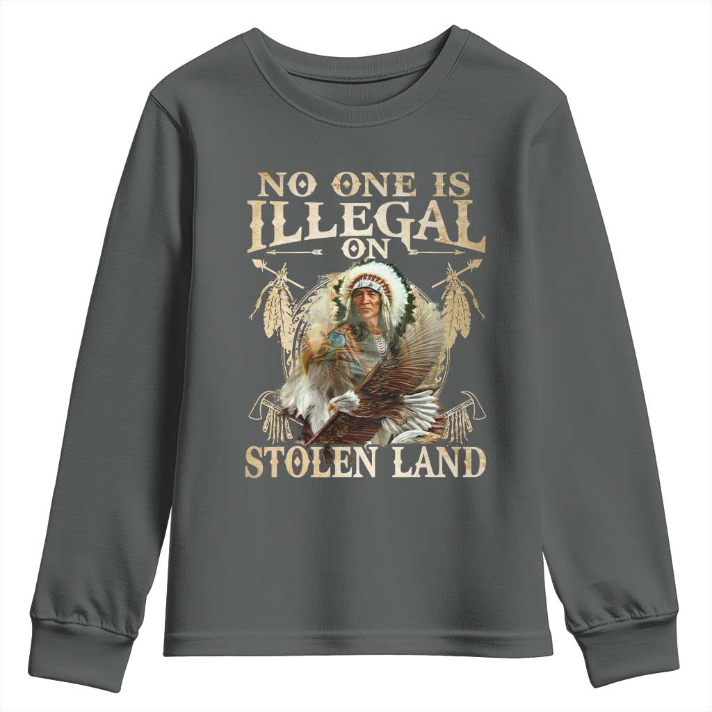 Native American Youth Sweatshirt No One Is Illegal On Stolen Land Eagle Tribe TS11 Dark Heather Print Your Wear