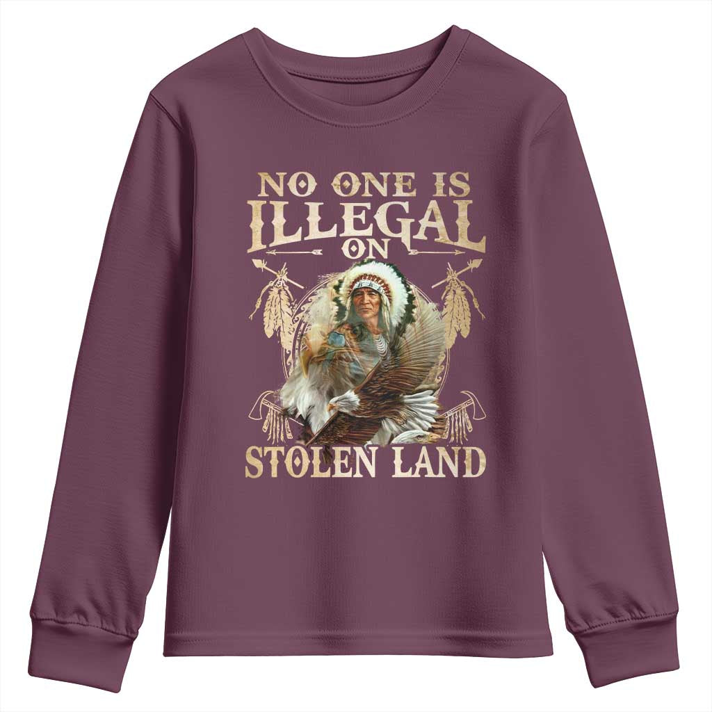 Native American Youth Sweatshirt No One Is Illegal On Stolen Land Eagle Tribe TS11 Maroon Print Your Wear
