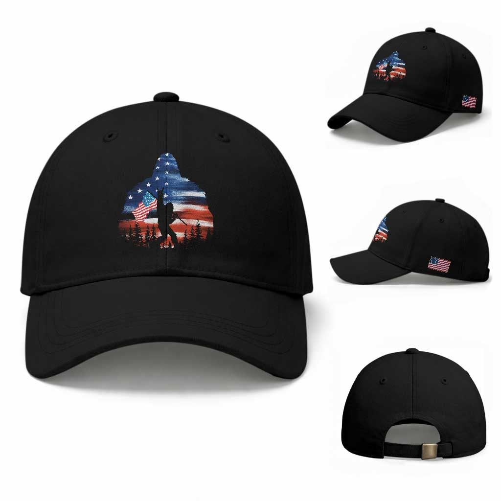 Funny Bigfoot Night Stroll American Flag Baseball Cap Patriotic 4th July TS11 Baseball Cap Universal Fit Black Print Your Wear