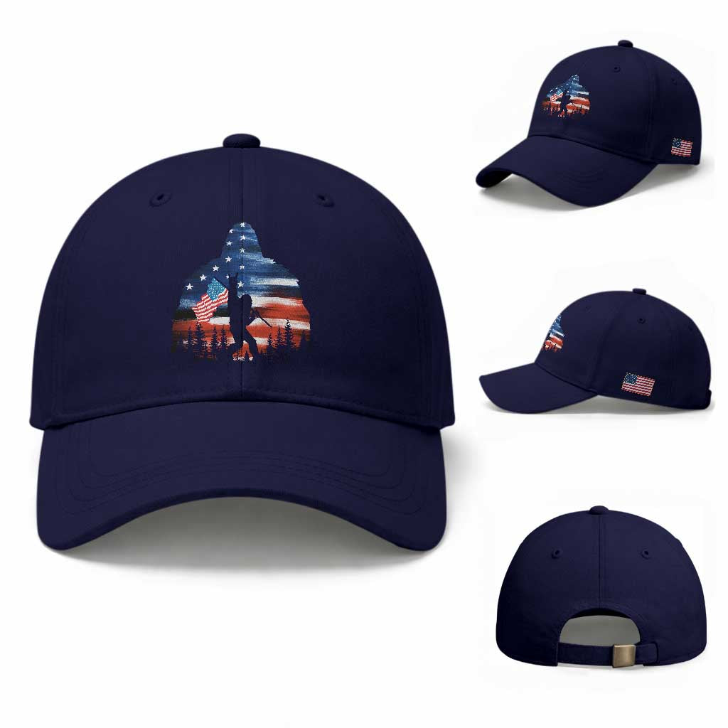 Funny Bigfoot Night Stroll American Flag Baseball Cap Patriotic 4th July TS11 Baseball Cap Universal Fit Dark Blue Print Your Wear