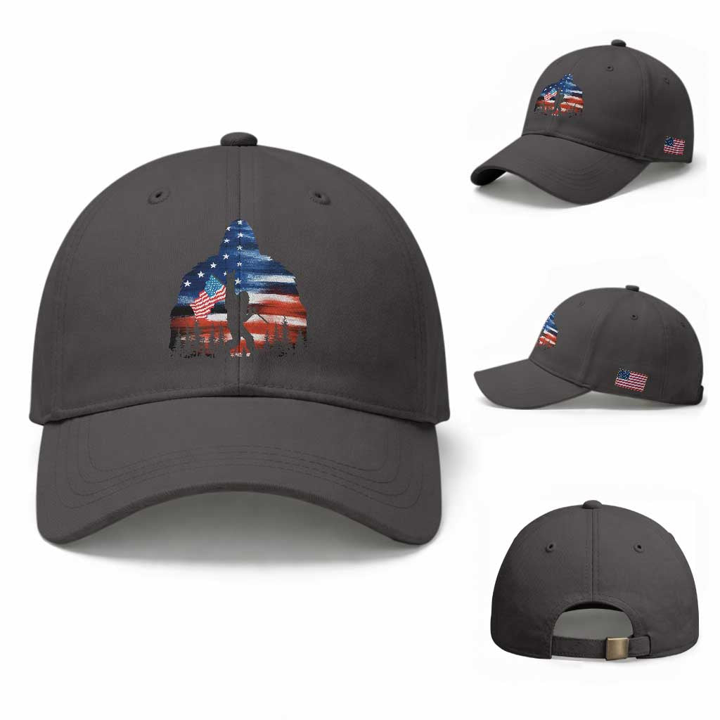 Funny Bigfoot Night Stroll American Flag Baseball Cap Patriotic 4th July TS11 Baseball Cap Universal Fit Dark Gray Print Your Wear