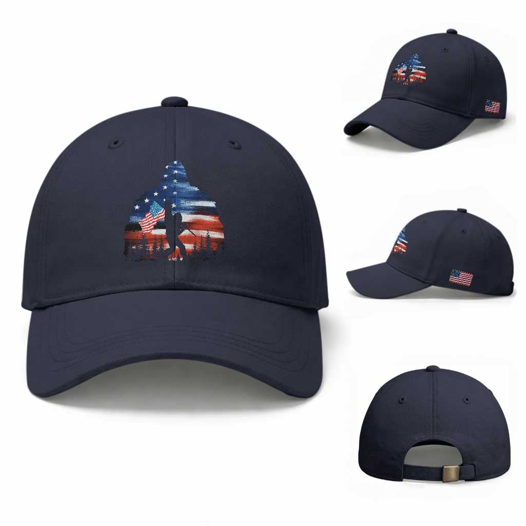 Funny Bigfoot Night Stroll American Flag Baseball Cap Patriotic 4th July TS11 Baseball Cap Universal Fit Navy Print Your Wear
