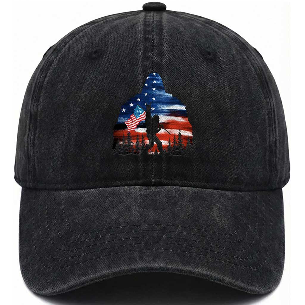 Funny Bigfoot Night Stroll American Flag Washed Cotton Baseball Cap Patriotic 4th July TS11 Print Your Wear