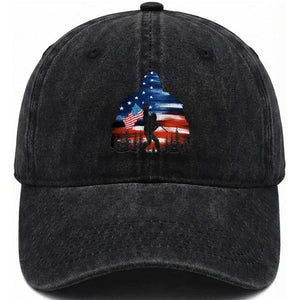 Funny Bigfoot Night Stroll American Flag Washed Cotton Baseball Cap Patriotic 4th July TS11 Print Your Wear