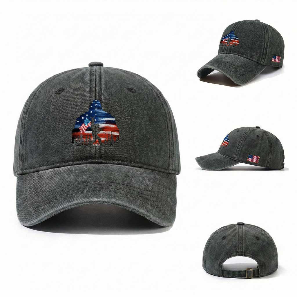 Funny Bigfoot Night Stroll American Flag Washed Cotton Baseball Cap Patriotic 4th July TS11 Washed Cap Universal Fit Dark Green Print Your Wear
