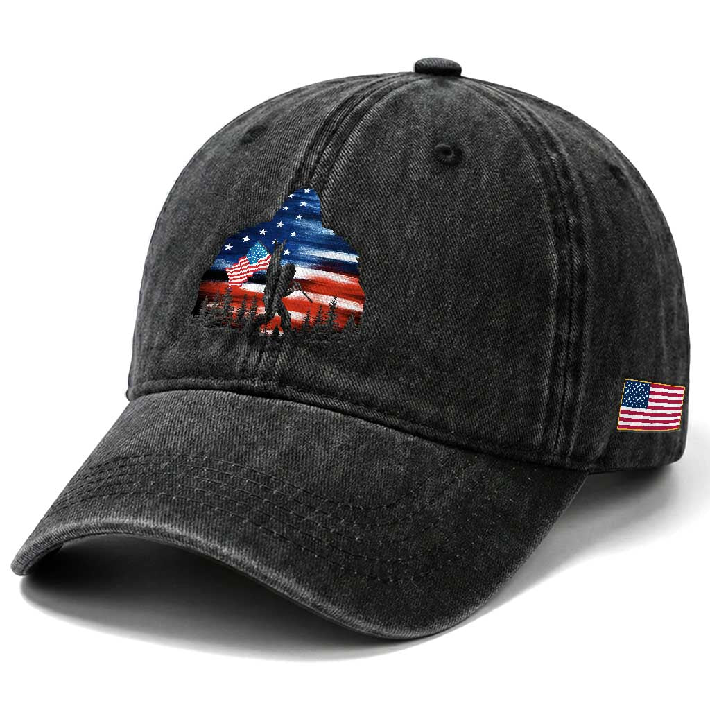Funny Bigfoot Night Stroll American Flag Washed Cotton Baseball Cap Patriotic 4th July TS11 Print Your Wear