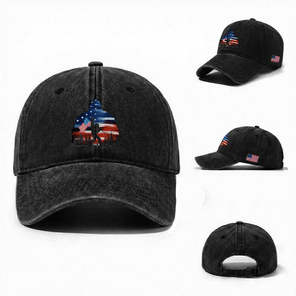 Funny Bigfoot Night Stroll American Flag Washed Cotton Baseball Cap Patriotic 4th July TS11 Washed Cap Universal Fit Black Print Your Wear